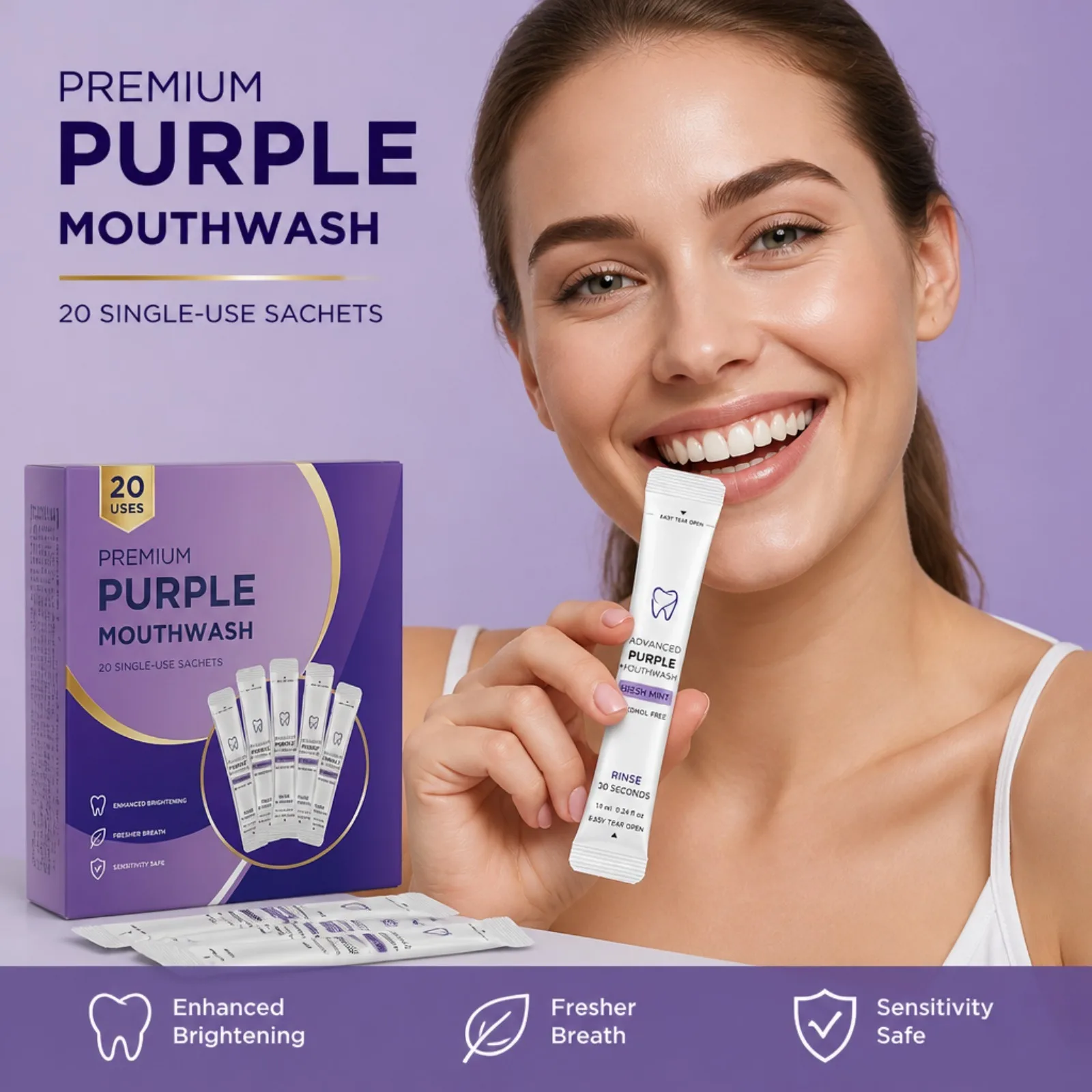 Purple Disposable Mouthwash Alcohol Free Gentle Oral Rinse Travel Portable Breath Freshener For Sensitive Teeth Daily Oral Care