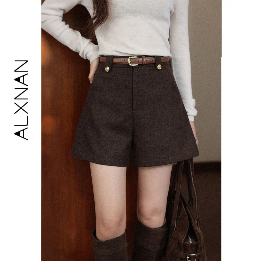 ALXNAN Coffee Wool Shorts Women Autumn Casual A-line Short Pants 2026 Fashion Elegant Vintage Female Short Pants L681182A