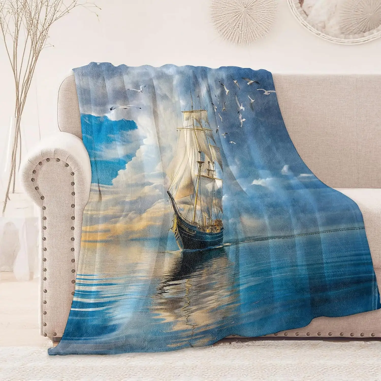 Vintage White Sail Sailing Ship Calm Sea Reflection Seagull Blue Cloud Sky Print Soft Flannel Blanket Marine Style Sofa Bedroom