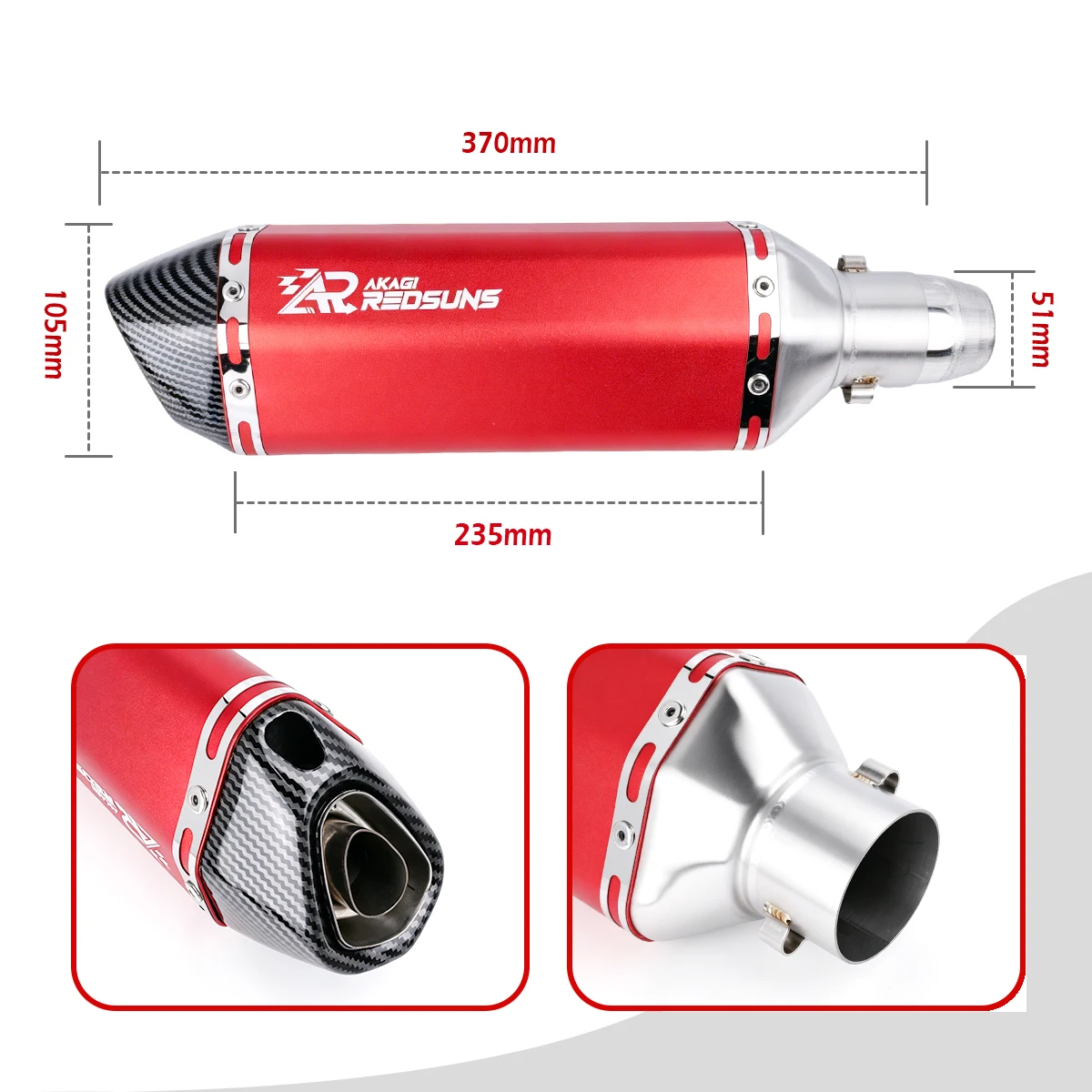 370mm Small Hex Single Outlet Exhaust Tip Red Body Carbon Fiber Look Head Motorcycle Mod Accessories For All Motorcycles