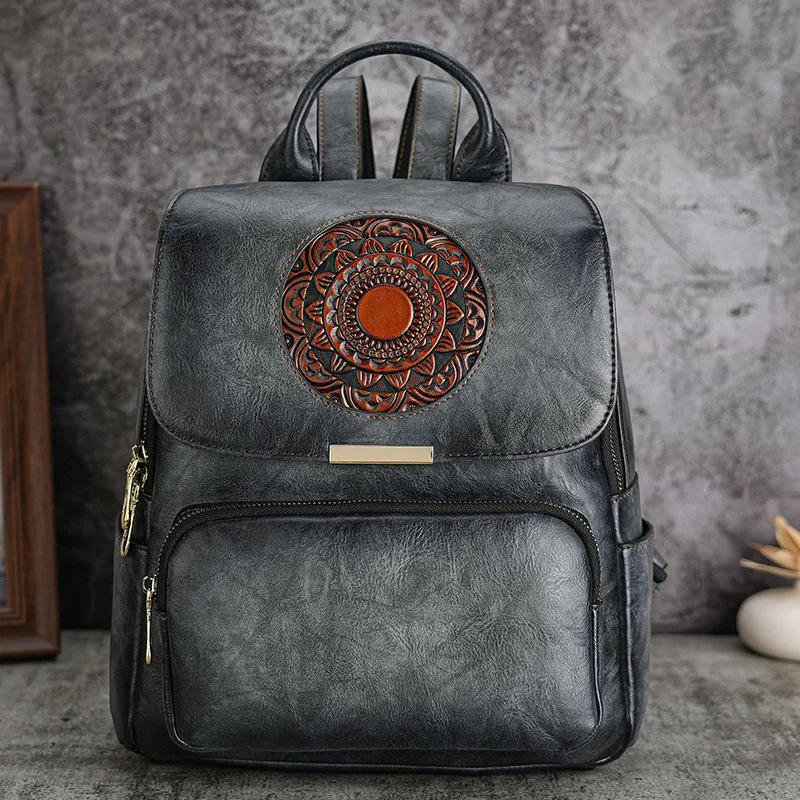 Vintage Women Leather Backpack Chiniese Style Ladies Travel Bagpack Antitheft Floral Double Shoulder Bag