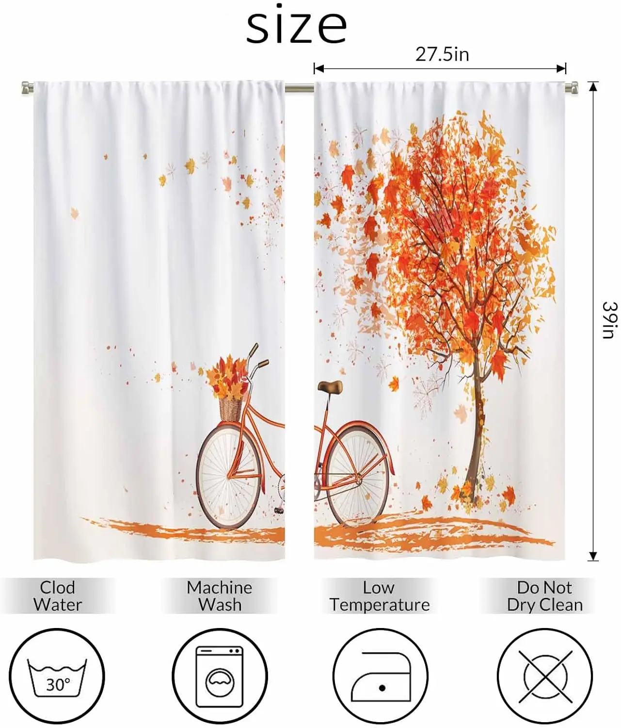 Bicycle Kitchen Curtains Autumn Tree Old Bicycle Orange Maple Short Tier Curtains Bathroom Cafe Small Window Drapes Treatment