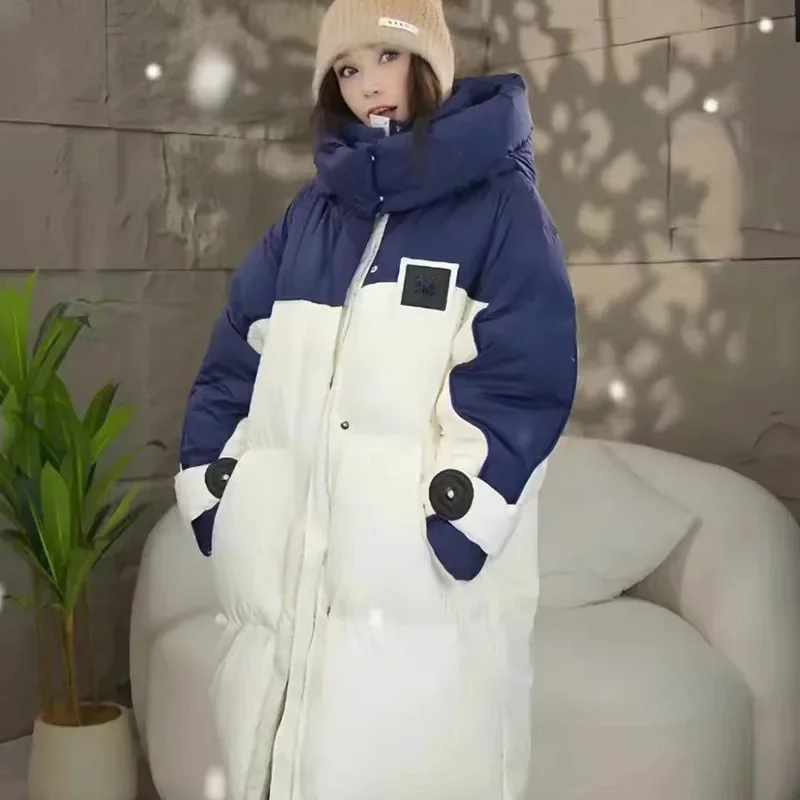 Over The Knee Puffer Jacket Patchwork Parkas Hooded Cotton-padded Jacket Winter Women Clothing Warm Thickened Windproof Coats