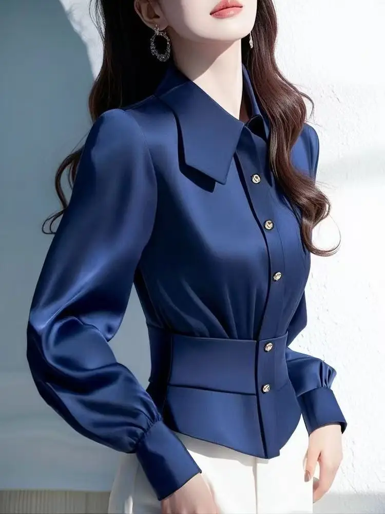 

High Quality Fashion French Style Long Commuting Blue Satin Waist Slimming Shirt for Women 2025 Spring New Top Female Shirts