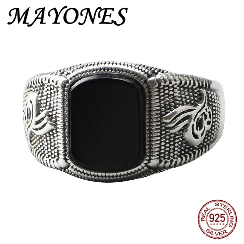 

NEW S925 Silver Retro Original Design Black Agate Ring Wide Version Male Personality Punk Turkish Jewelry