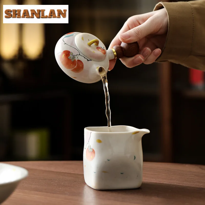 85ml Hand-painted Persimmon Side Handle Teapot Elegant Tea Infuser Pot Tea Soaking Kettle With Ball Hole Cafes Supplies Craft