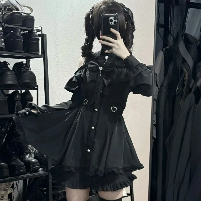 Gothic Y2k Lolita Bow Dress Shorts Set Women Party Female Vintage Lace Ruffles Off Shoulder Button Shirts Sweet Slim Japanese