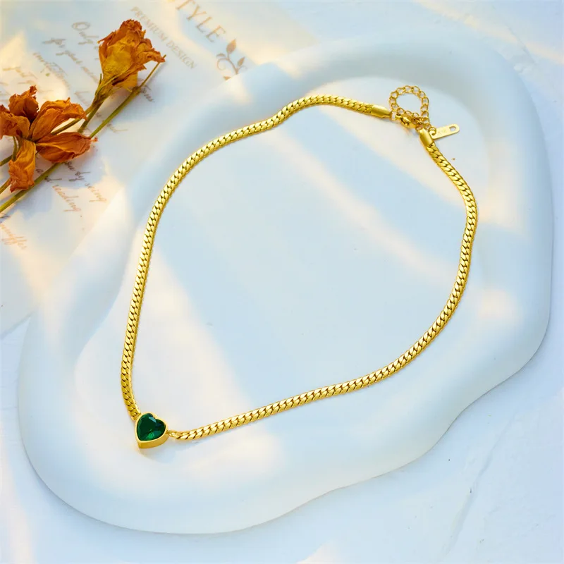 Stainless Steel Heart-Shaped Green White Crystal Pendant Necklace Bracelet For Women Fashion Jewelry Set Party Gift
