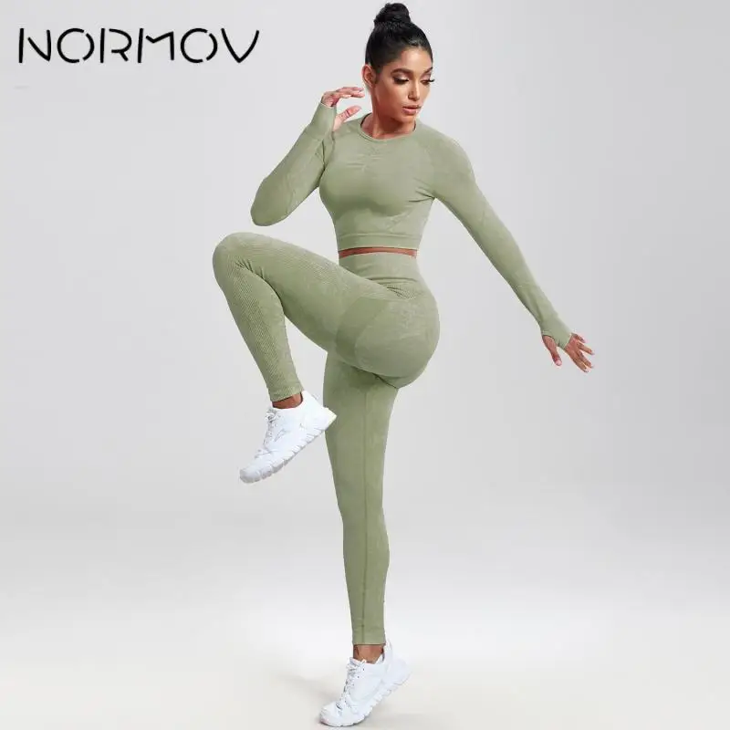 NORMOV Set sportivo da donna senza cuciture a costine 1-2 pezzi Set da yoga Leggings Reggiseno sportivo Tute da fitness Set da allenamento per