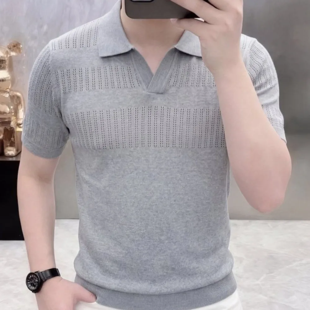 Summer Knit Lapel T-shirt Polo Camisa Hombre British Streetwear Men Shirt Mannen Polo Homme Short-sleeved Casual Slim Lapel Polo