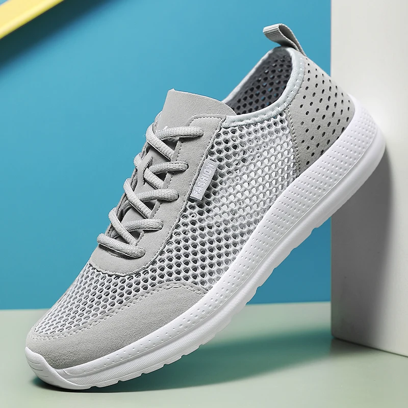 Nowe letnie męskie buty z siateczką oddychające i lekkie męskie buty codzienne sznurowane buty do chodzenia tenis buty outdoorowe duży rozmiar 46