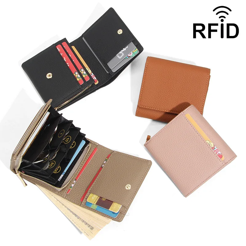 RFID Blocking Lychee Pattern Cowhide Leather Women's Wallet ID Card Holder Multifunctional Coin Purse Men's Wallet