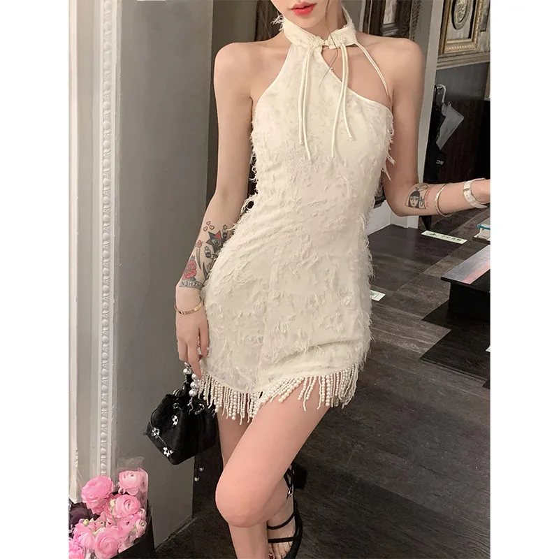 

2023 Summer Womens Suspender Dress Sleeveless New Chinese Style Neck-mounted Fashion Tassel Improved Cheongsam Short Skirt Dress