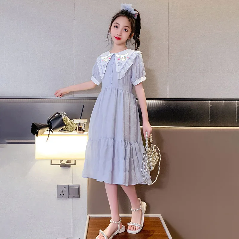 Sanrioed Dress Kuromi Cinnamoroll Girls Princess Dress Cartoon T-Shirt Yarn Skirt Fashion Gauze Skirt Summer Kids Clothes Gift