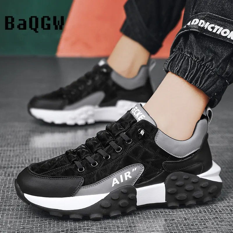 Chunky Sneakers Men Soft Sole Running Shoes Fashion Casual Leather Fabric Breathable Height Increased Flat Platform Board Shoes