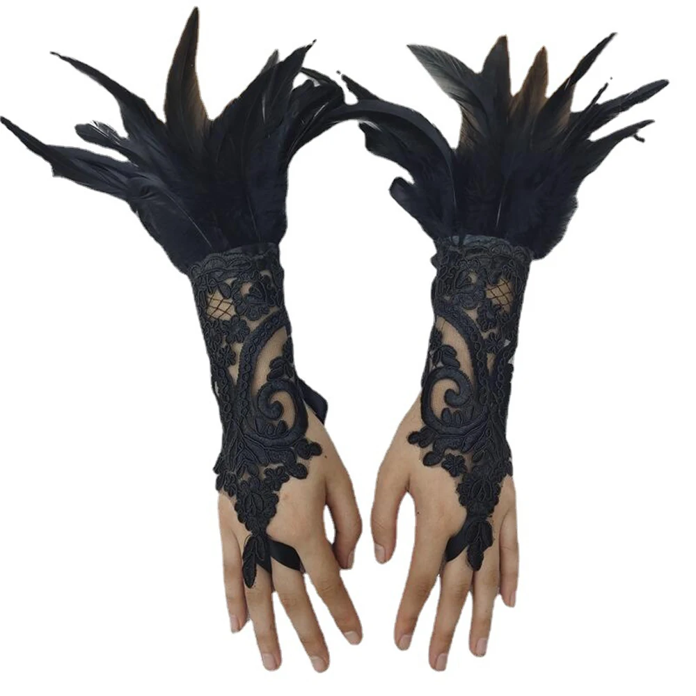 

Mesh Gloves Women Halloween Lolita Cosplay Y2k Feather Cuffs Fingerless Mittens Lace Black Long Rave Accessories Feather Dance