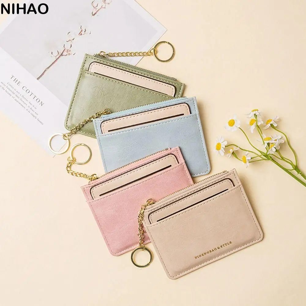 Fashion Design PU Leather Card Bag Mini Wallet Thin Card Holder Solid Color Korean Style Zipper Coin Purse Men