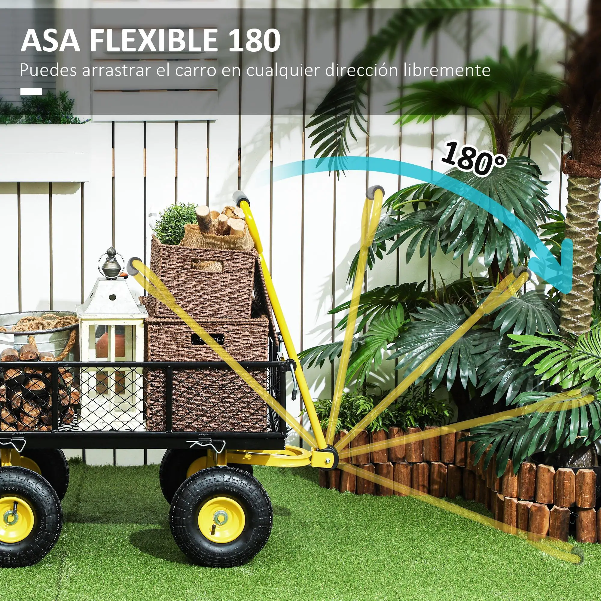 Carretilla de Jardín de Acero con Capacidad de Carga de 200 kg, Paredes Laterales Desmontables, Neumáticos de Goma de 4x25 cm, Color Negro-Amarillo para Exteriores