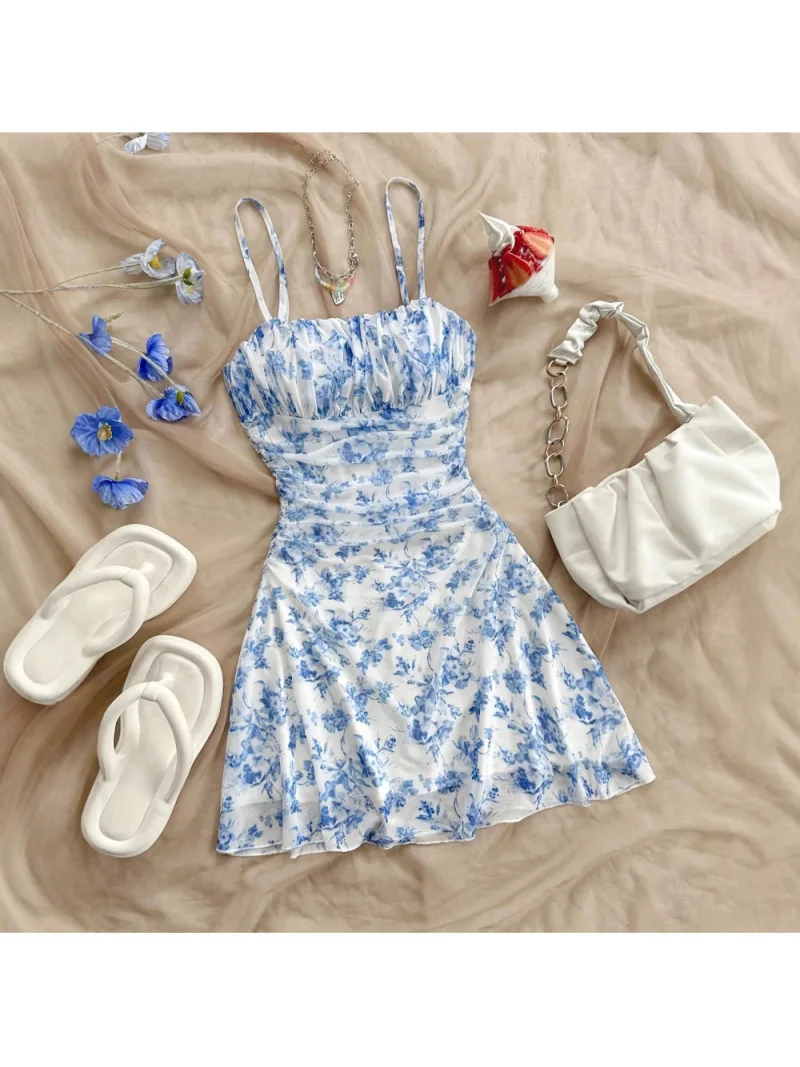 

Dresses Summer Casual Floral Print Sleeveless Square Neck Folds Mini Daily Cami Dresses For Women