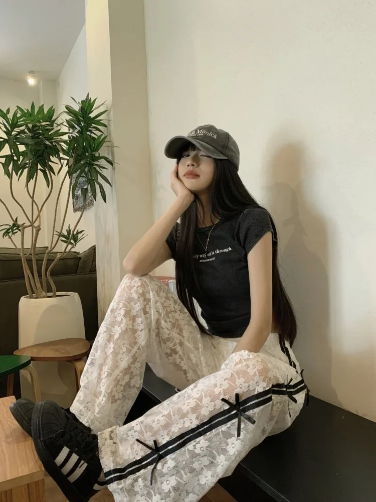 HOUZHOU Korean Style Baggy Lace Pants Women Sexy See Through Trousers Coquette Aesthetic Bow Wide Leg Pants Casual Sweet Fairy