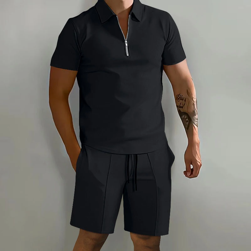 Summer New Solid Color Men\'s Sets High Street POLO Collar Short Sleeve Zip Fastener Pullovers Elastic Waist Pockets Y2K Shorts