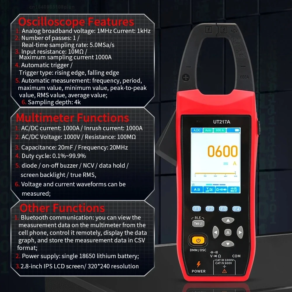 UT217A UT217B Oscilloscope Clamp Meter with Bluetooth Current Voltage Waveform Amplitude Frequency Oscilloscope Multimeter