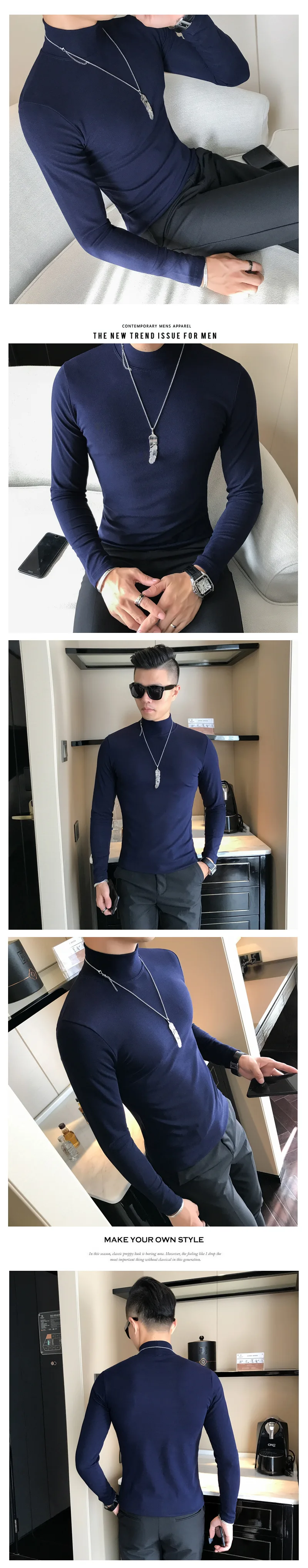 Frühling Neue männer Rollkragen T-shirt Langarm Slim Fit Einfarbig Hohe Elastische Bodenbildung Pullover Grundlegende Stil Männliche Tops – Detail 8