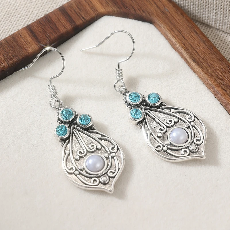 Bohemian Inlay Imitation Pearl Pendant Earrings Women Vintage Style National Dangle Earrings Accessories Jewelry