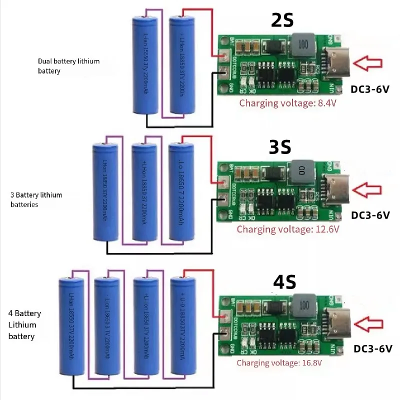 Multi-Cell 2S 3S 4S Type-C To 8.4V 12.6V 16.8V Step-Up Boost LiPo Polymer Li-Ion Charger 7.4V 11.1V 14.8V 18650 Lithium Battery