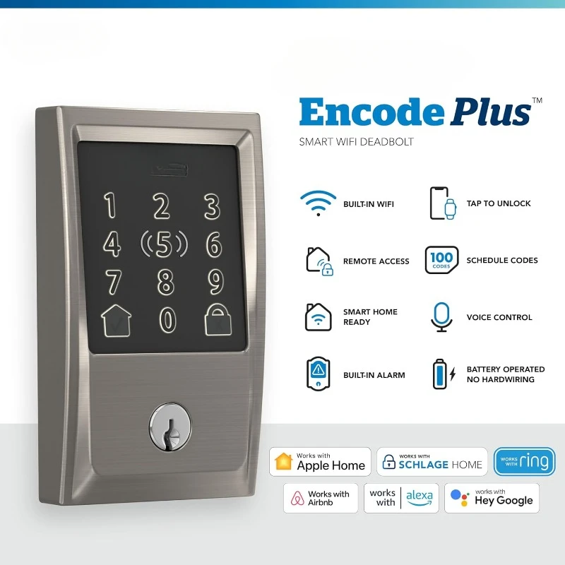 

BE499WB CEN 619 Encode Plus Засов Wi-Fi, дверной замок с сенсорным экраном без ключа и отделкой Century, сатинированный никель