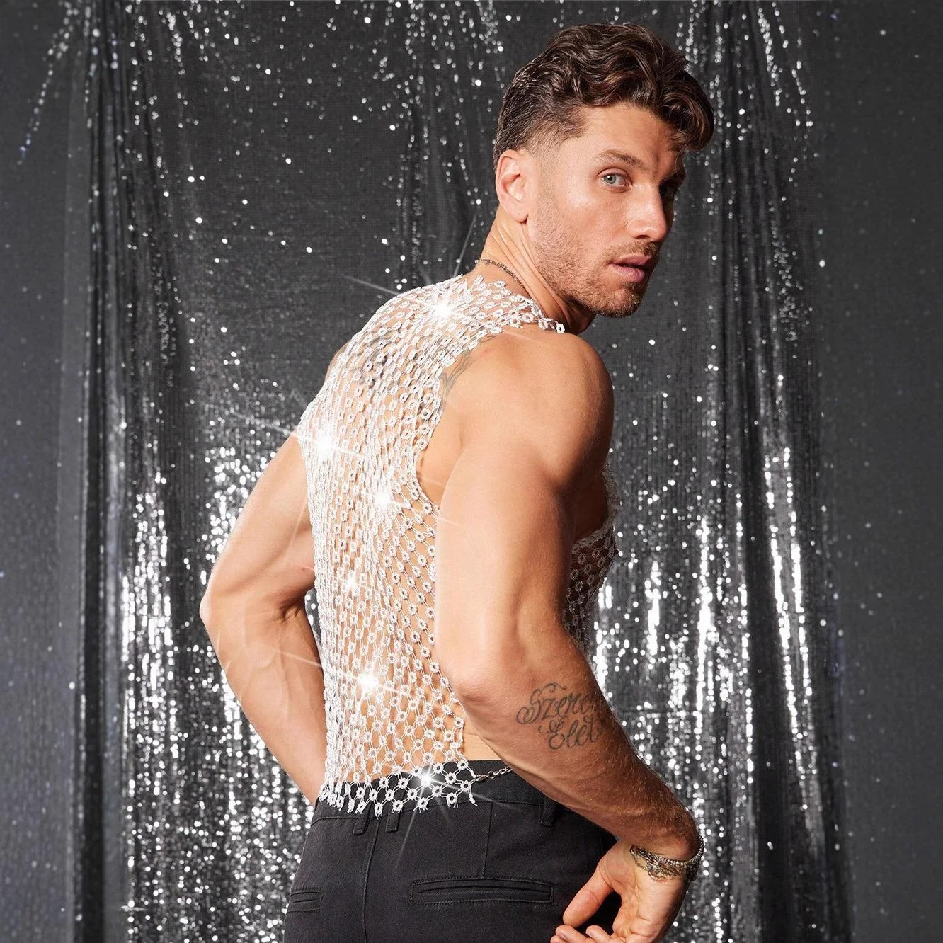 مثير الجوف خارج الماس الرجال تانك الأعلى انظر قوية الاسمية irt الرجالية وصول جديد متوهجة الماس نادي ليلة الزي الأعلى #4