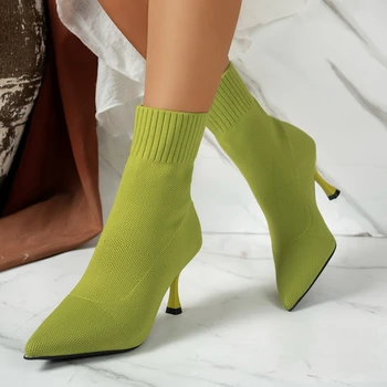 Spring Autumn Women Ankle Boots Slip-On Green Chelsea Boots Women Luxury Stretch Fabric…
