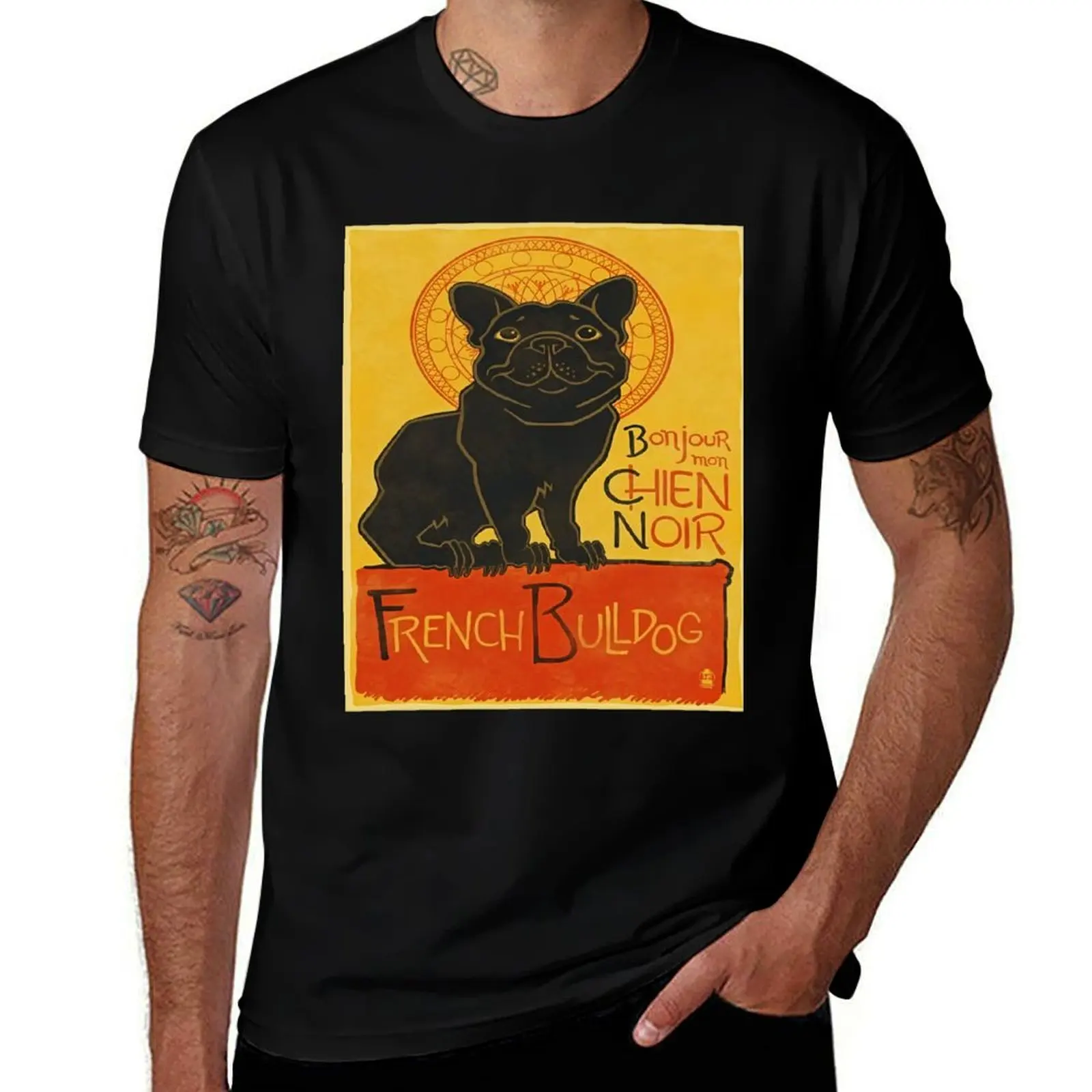 Bonjor Mon Chien Noir camiseta Bulldog Francés en blanco negro con cerradura azul camisetas negras para hombres