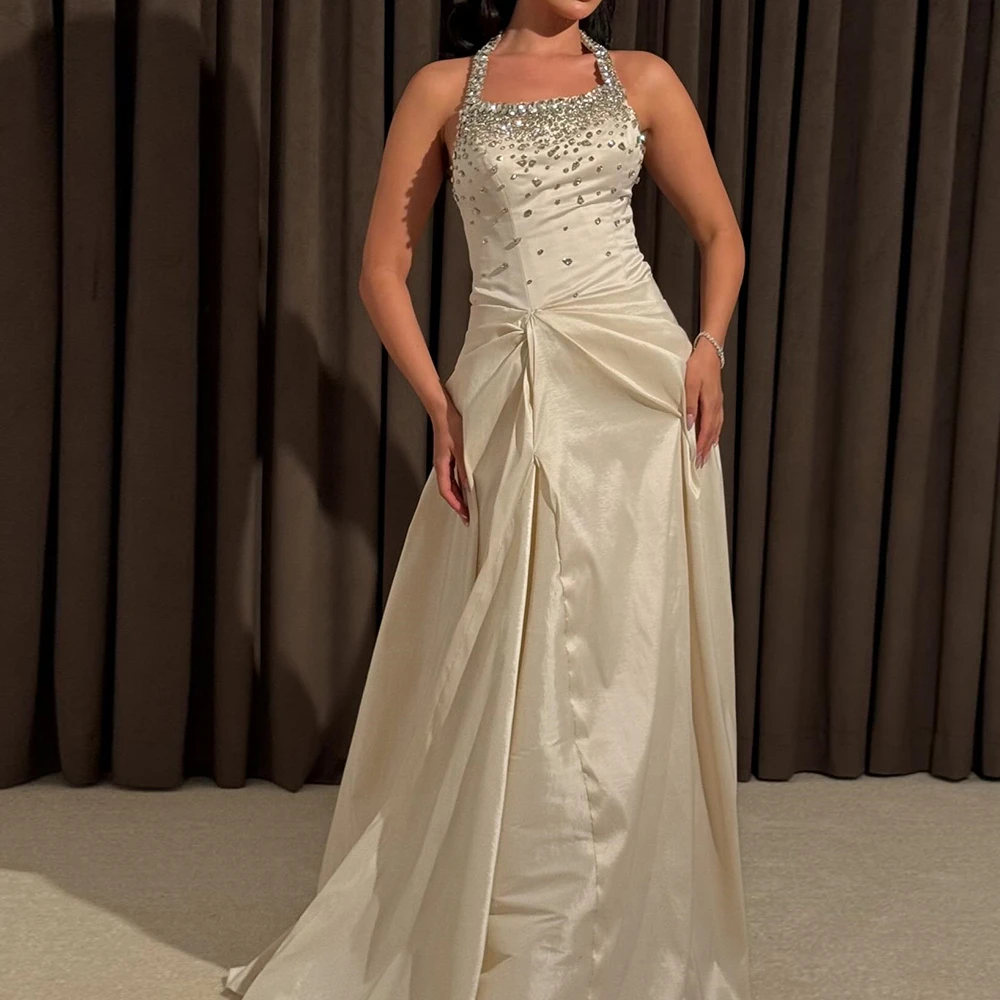 

Women's A-line Evening Dresses Floor-length Square Collar Sleeveless Prom Gown Fashion Crystal Simple Draped Customized Gowns