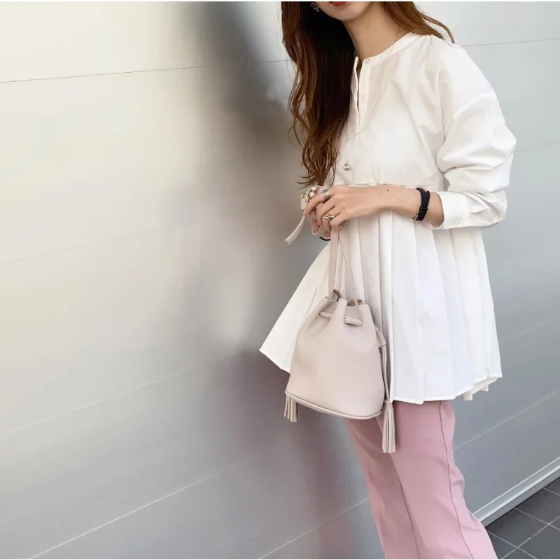 Spring Summer 2024 New Japanese Casual Shirts O-neck Loose Long Sleeve Shirts Pleated Elegant Ladies Tops All-match Blusa Mujer