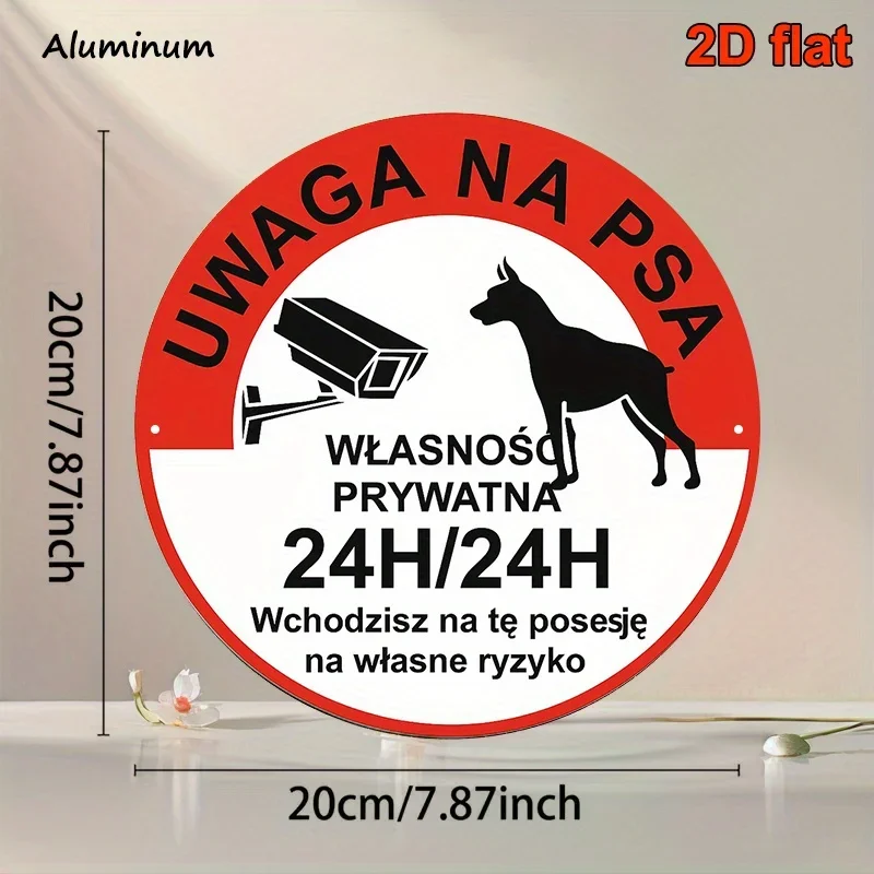 2D Flat - A 2D Flat, 20.32X20.32 Cm Round Polish Aluminum Sign That Reads 'Private Property, Guard Dog, 24/7 Surveillance.' This