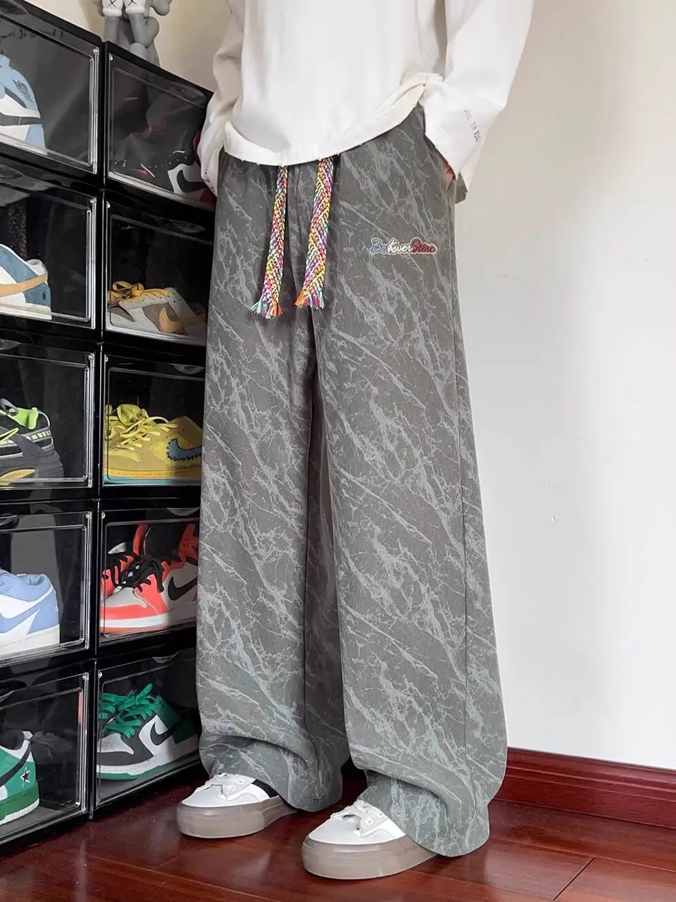 Black Tie Dye Embroidered Casual Pants For Men Casual Loose Straight Leg Trousers High Waist Pantts