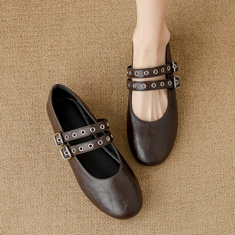 Zapatos planos con doble hebilla para Mujer, zapatos planos con correa de cuero, Mary Janes, bailarinas de Lolita, mocasines poco profundos, bailarinas para Mujer