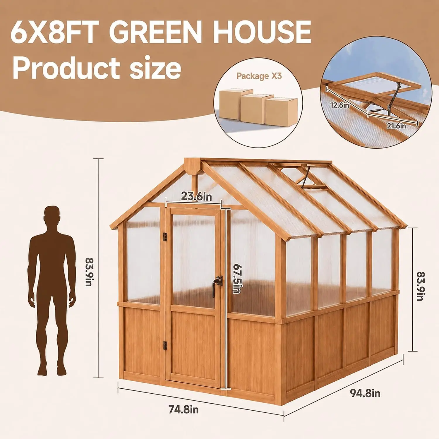 6x8 FT Wooden Greenhouse,Natural Wood Garden House for Plants,Heavy Duty Green House with Polycarbonate Panel,, Customized