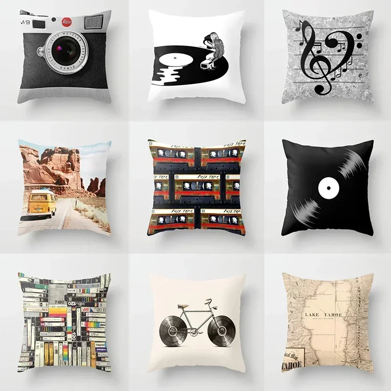 Retro black and white camera record tape map notes pattern pillow sleeve bedroom car waist cushion home decoration pillow case