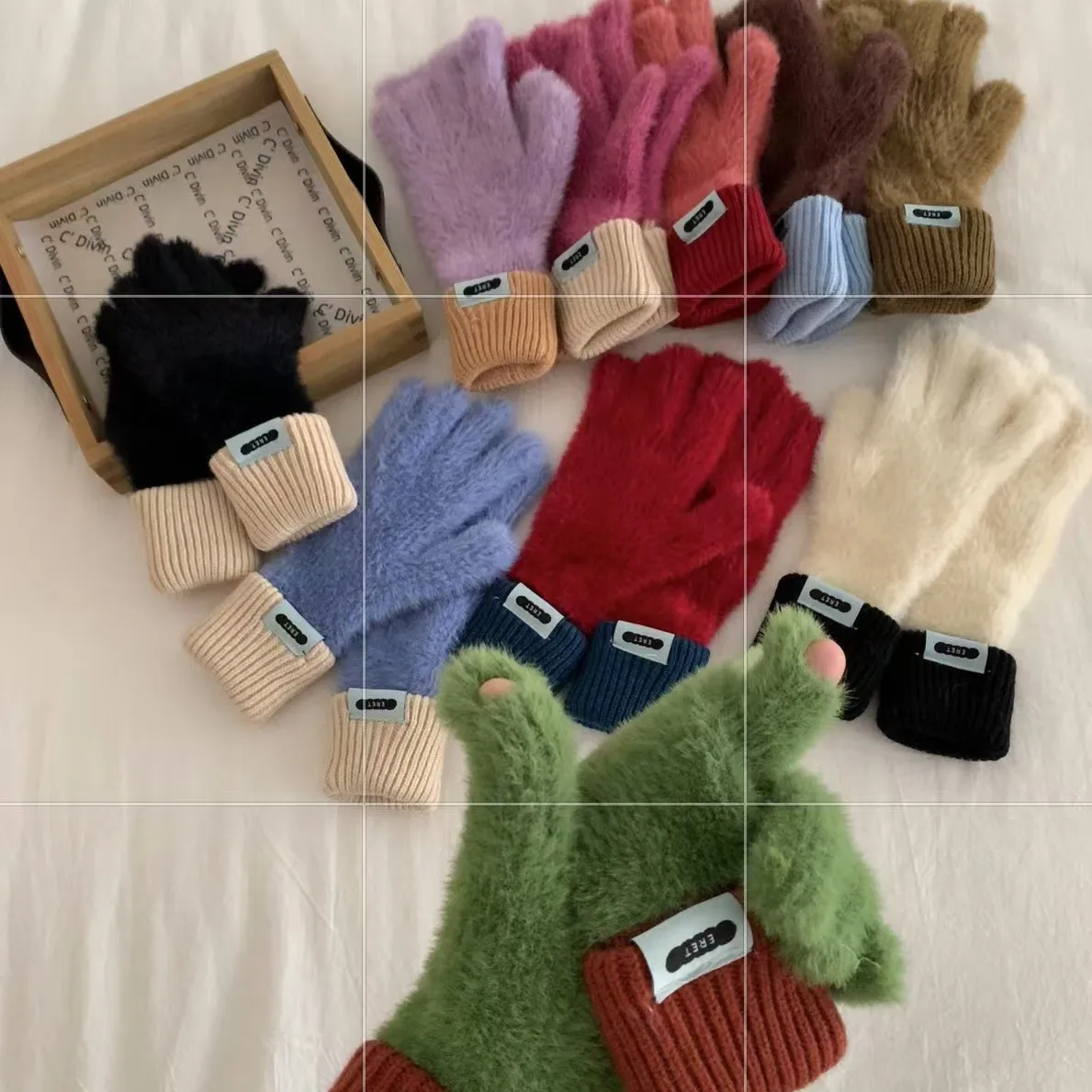 Color Matching Soft Waxy Plush Dew Finger Touch Screen Knitted Gloves Women's Autumn Winter Korean Ins Warm Cold Cycling Gloves