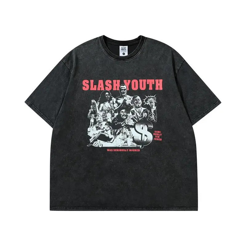 

Мужская хлопковая футболка Slash Youth Street Style оверсайз черного цвета с принтом, летняя повседневная, с коротким рукавом, 2026
