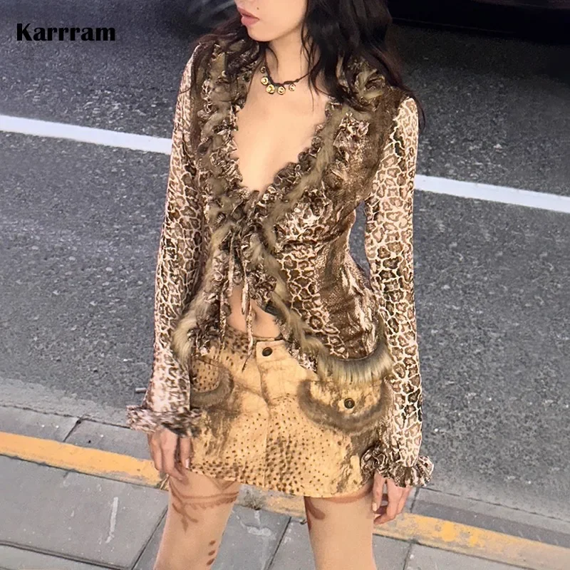 Karrram Japanese Y2k Leopard Print Shirt Vintage Harajuku Fur Shirt Grunge Aesthetics V-neck Irregular Blouses American Retro