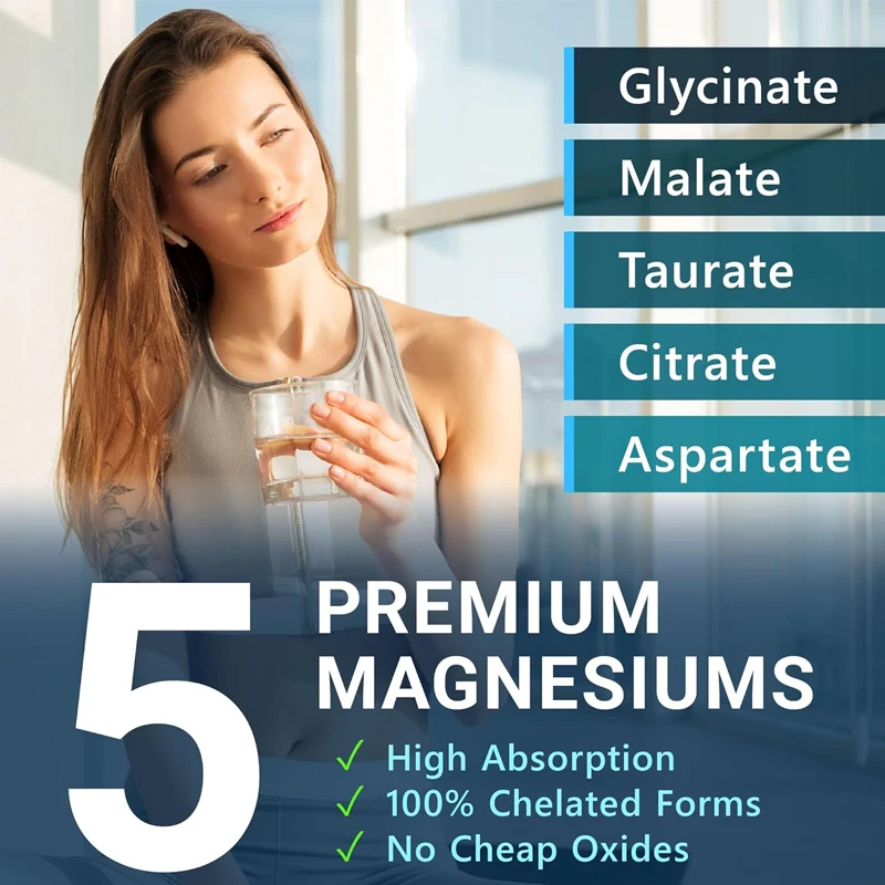 5-in-1 magnesium chelated glycine magnesium malate citrate taurine and aspartic acid nerve, muscle, and bone 60 capsules