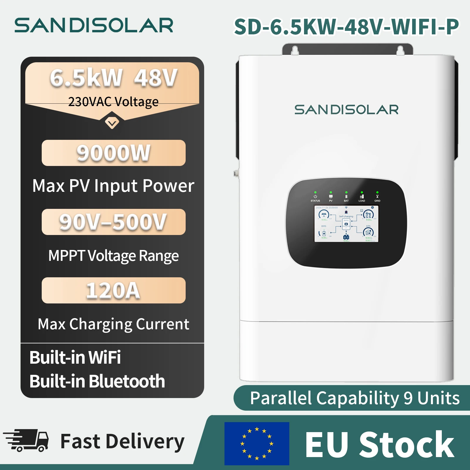 Sandisolar 6,5 kW 48 V Hybrid-Solar-Wechselrichter, reine Sinuswelle, 230 V, 9000 W, max. PV-Eingang, 90 500 V, 120 A MPPT, integriertes WLAN, LCD-LED, Dual-Display, APP-Fernbedienung, Unterstützung 9
