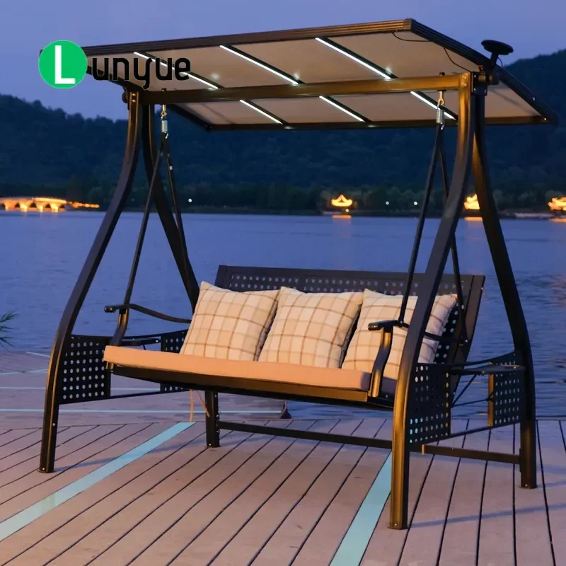 High End Aluminum Metal 3 Seat Garden Swing Chair with Canopy and LED Lights for Villa Patio Outdoor Furniture