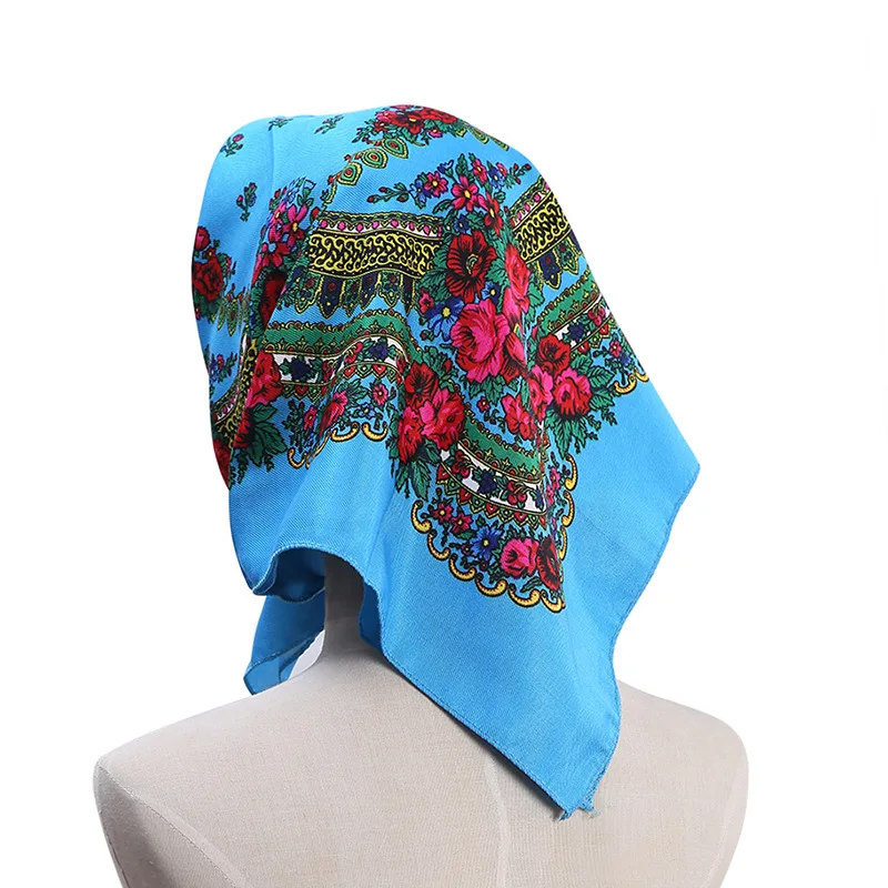 70*70cm Luxury Floral Russian Square Scarf Women Head Hair Bandana Babushka Handkerchief Ukrainian Shawl Headband Scarves