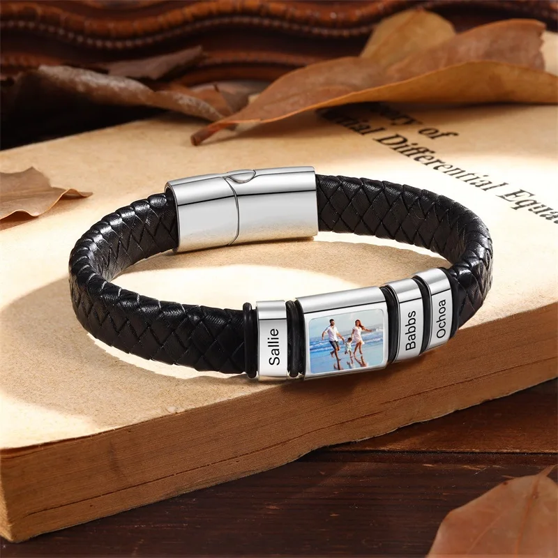 Custom Photo Bracelet for Men Personalized Picture Bracelet Leather Engraved Name Bracelet Jewelry Gift for Men Boy Husband