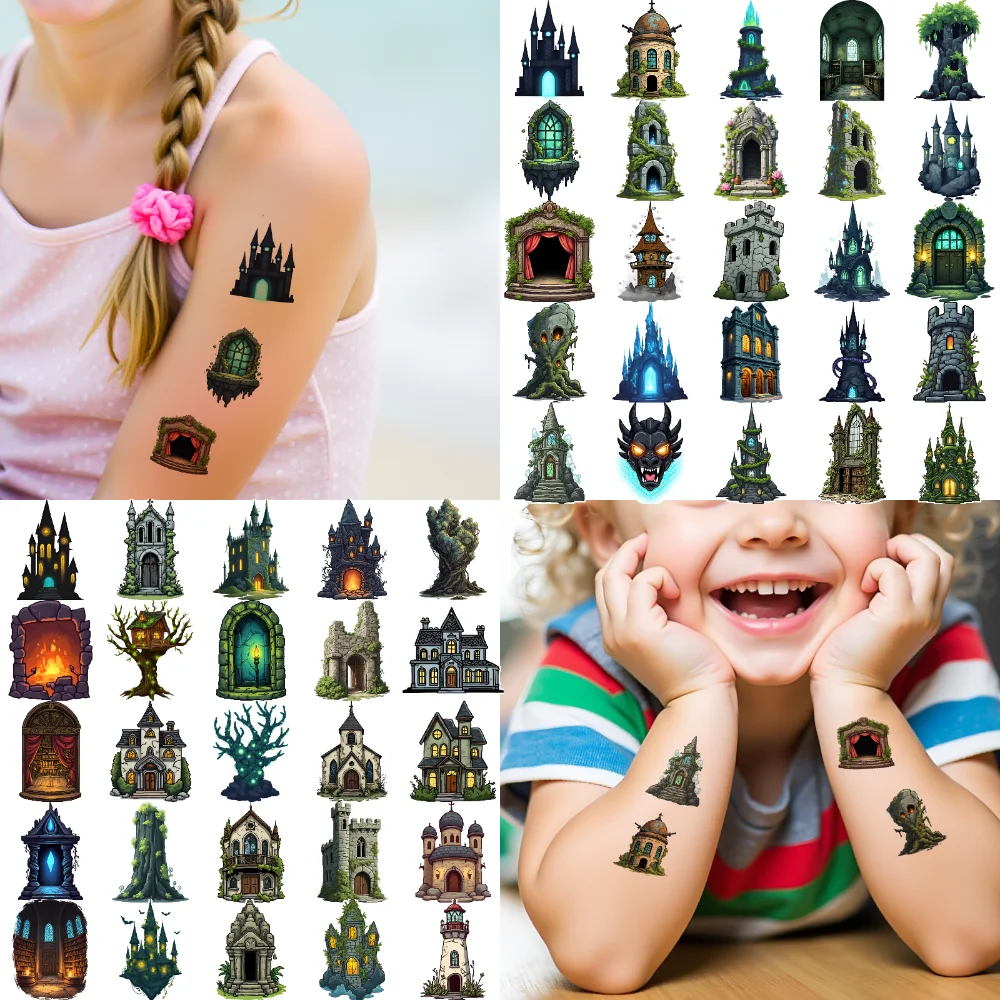 54pcs Temporary Tattoo Trees Cartoon Fantasy Castles Enchanted Towers Waterproof Long-lasting Body Stickers For Shoulders