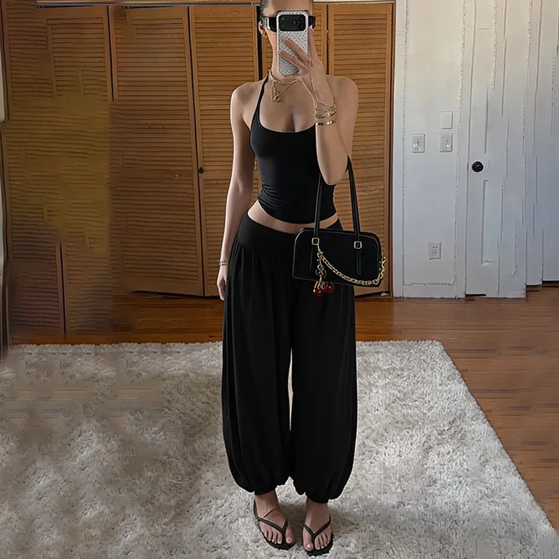 Women Fold Over High Waist Harem Pants Loose Baggy Jogger Trousers Solid Black Soft Stretchy Casual Pants Vintage Y2K Streetwear